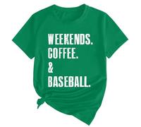 Cocila Camicia in Lino per Donna Ricamata - 3/4 Maniche Colletto T-Shirt Stampata da Weekends Coffee Baseball Cotone con Scollo Rotondo E Corte Casual Magliette Estive (Green, XXL) Maglia