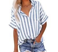 Cocila Camicie Abbottonate da Donna A Righe Camicetta di Lino in Cotone Tops Camicia Maniche Corte con Colletto Guaina Abiti Lavoro alla per Le Vacanze Cotone Notte Blusa Elegante Colorata