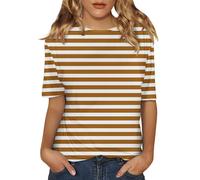 Cocila Camicie di Lino per Le Donne Eleganti Camicia da A Mezza Lunghezza, Righe, Maniche Corte, Donna, Primaverile, Casual, con Scollo Rotondo Estive (Khaki, XL) Maglia Cotone Manica Lunga