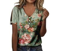 Cocila Camicie di Lino per Le Donne Eleganti Women's T Shirt Three Button V Neck Short Sleeved Top Hollow Sleeves Maglie A (Green, S) Giacca Elegante Donna Maglietta Tailleur Camicia Quadri