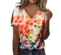 Cocila Camicie di Lino per Le Donne Eleganti Women's T Shirt Three Button V Neck Short Sleeved Top Hollow Sleeves Maglie A (Orange, M) Blusa Donna Camicia Bianca Maglia Cotone Manica Lunga