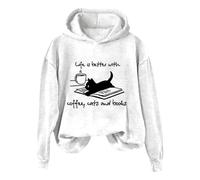 Cocila Felpa con Cappuccio da con Stampa di Gatto E Libro caffè Girocollo Divertente Camicia Natale Regalo Felpa College (White S)