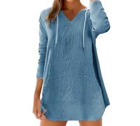 Cocila Maglietta da Donna in Cotone e Lino con Cappuccio a Maniche Lunghe, Scollo a V, Tasca Grande e Maniche Lunghe da Spiaggia Camicia da Notte Lunghissima (Sky Blue, M)