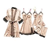 Cocila Pigiama Bambina Estivo Donna in Pizzo, Lingerie, Camicia da Notte Pigiami Corta Scollo a V e 4 Pezzi Pigiama Donna Estivo Set da Sexy Sciolto Sottoveste Beige 3XL