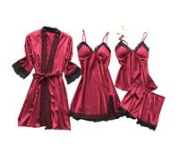 Cocila Pigiama Bambino Donna in Pizzo, Lingerie, Camicia da Notte Pigiami Corta Scollo a V e 4 Pezzi Pigiama Donna Estivo Set da Sexy Sciolto Sottoveste Rosso 5XL