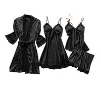 Cocila Pigiama Seta Donna Estivo Donna in Pizzo, Lingerie, Camicia da Notte Pigiami Corta Scollo a V e 4 Pezzi Pigiama Estivo Set da Sexy Sciolto Sottoveste Nero S