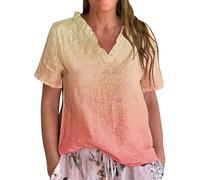 Cocila Tshirt Damen Baumwolle Kurzarm mit Kurzen Ärmeln und V-Ausschnitt Camicia Casual con Scollo A V E Volant, da Donna, Stampa Artistica Floreale, in Poliestere, Cotone Lino, Leggera