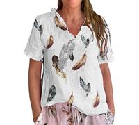 Cocila Tshirt Damen Baumwolle Kurzarm mit Kurzen Ärmeln und V-Ausschnitt Camicia Casual con Scollo A V E Volant, da Donna, Stampa Artistica Floreale, in Poliestere, Cotone Lino, Leggera