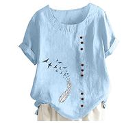 Cocila Tshirt Damen Baumwolle Kurzarm mit Kurzen Ärmeln und V-Ausschnitt Camicia da Donna Stampata Girocollo Manica Orlo Spacco Corta Allentata Decorazione Bottone Gonna (Light Blue, S)