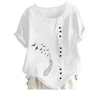 Cocila Tshirt Damen Baumwolle Kurzarm mit Kurzen Ärmeln und V-Ausschnitt Camicia da Donna Stampata Girocollo Manica Orlo Spacco Corta Allentata Decorazione Bottone Flanella Lunga (White, M)