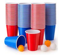 Coco Berming 100 Pezzi Bicchiere Plastica Rossi Blu e 10 Palline Ping Pong, 500ml Bicchieri Plastica Riutilizzabili Colorati per Feste, Compleanni, Matrimoni, Campeggio