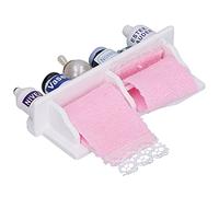 Cocoarm Bambola in Miniatura - Kit di Accessori per il Bagno, Asciugamani in Legno Ecologico con Bottiglie di Profumo e Asciugamani Rosa, Squisiti Lavori per Amanti della Casa di 1:12 Bambole, 7,5 X
