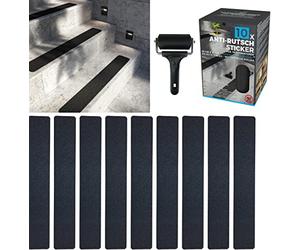 cocofy Strisce Antiscivolo per Scale Interne ed Esterne | 10 Strisce di Nastro Antiscivolo Nere (61x10 cm) | Antiscivolo Scale con Speciale Superficie per Esterni | Strisce Antiscivolo con Rullo