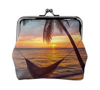 Coconut Beach Tramonto Amaca Stampato Moneta Borsa Per Le Donne Portafoglio Borsa In Pelle Pu Cambiamento Pouch Kiss-Lock Vintage Pouch, Coconut Beach - Amaca al tramonto, Taglia unica, Vintage