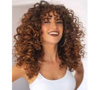 CoCrowns Curly Wig with Bangs for Black Women Long Curly Shag Synthetic Hair Wigs Daily Use Cosplay 17'' (Ombre Braun)