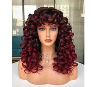 CoCrowns Curly Wig with Bangs for Black Women Long Curly Shag Synthetic Hair Wigs Daily Use Cosplay 17'' (Ombre Rosso)