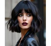 CoCrowns Parrucca corta ondulata con frangia Air Bangs, lunghezza alle spalle, per donne, Bob corto (Nero)