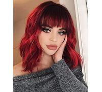 CoCrowns Parrucca ondulata corta con Air Bangs lunghezza spalla donna Bob corto (Borgogna)