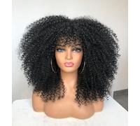 CoCrowns Parrucca riccia Afro Kinky da 16 pollici con frangia parrucche ricci lunghe per donne nere (nero)