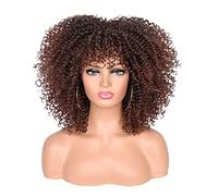 CoCrowns Parrucche afro ricci corti da 10 pollici con frangia Bomb Afro Kinky Ricci parrucca piena in fibra sintetica per donne nere (marrone scuro)
