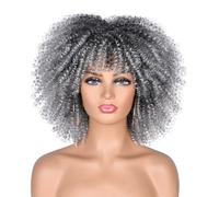 CoCrowns Parrucche afro ricci corti da 10 pollici con frangia Bomb Afro Kinky Ricci parrucca piena in fibra sintetica per donne nere (Ombre Grigio)