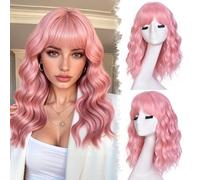 CoCrowns Parrucche corte bob ondulate da donna 18 pollici con frangia per donne nere a spalla bob acconciatura per Halloween, cosplay e uso quotidiano (rosa)