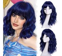 CoCrowns Parrucche corte bob per donne parrucche da 18 pollici con frangia per donne nere a spalla bob acconciatura per Halloween, cosplay e uso quotidiano (1B misto blu)