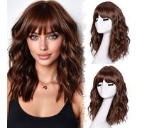 CoCrowns Parrucche corte bob per donne parrucche da 18 pollici con frangia per donne nere a spalla bob acconciatura per Halloween, cosplay e uso quotidiano (marrone scuro)