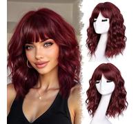 CoCrowns Parrucche corte bob per donne parrucche da 18 pollici con frangia per donne nere a spalla bob acconciatura per Halloween, cosplay e uso quotidiano (bordeaux)