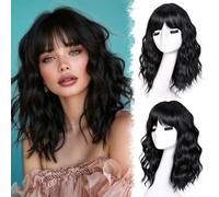 CoCrowns Parrucche corte bob per donne parrucche da 18 pollici con frangia per donne nere a spalla bob acconciatura per Halloween, cosplay e uso quotidiano (nero)