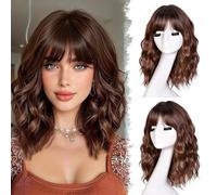 CoCrowns Parrucche corte bob per donne parrucche da 18 pollici con frangia per donne nere a spalla bob acconciatura per Halloween, cosplay e uso quotidiano (evidenziare marrone)