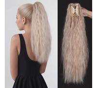 Coda di cavallo con clip, capelli sintetici morbidi, ricci e invisibili, 55 cm, con clip, facile da fissare (biondo chiaro)