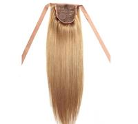 Coda di cavallo, Extension for capelli umani Remy con clip, 16"-26" con nastro, coda di cavallo 100g, coda di cavallo liscia(Gold+dark brown,18inch)