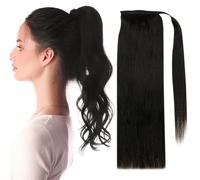 Coda di cavallo in capelli umani Extension for coda di cavallo con capelli umani Remy 70g/80g for donne bianche - Full Shine Extension per code di cavallo(Dark black,12 inch)