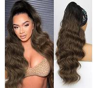 Coda di cavallo sintetica con coulisse ondulata per il corpo lungo per le donne Clip per l'estensione dei capelli ondulati sintetici in parrucchino Capelli finti neri-R-marrone scuro,26inches,Fra