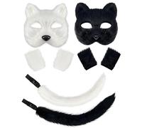 Coda di lupo - Set di guanti da coda di lupo e | Portachiavi a coda lunga a mezza faccia per cosplay, nero -, Refer to description