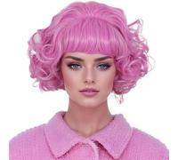 Codeven 50S Short Pink Wigs Halloween Costume Cosplay Curly Party Wig for Men