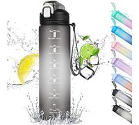 CodiCile Borraccia 1 litro con cannuccia e segni, Borraccia motivazionale a prova di perdite, Borraccia sportiva da 1 l con coperchio senza BPA, per palestra, ufficio, campeggio, corsa (nero)
