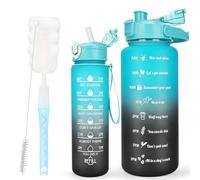 CodiCile Confezione da 2 borracce senza BPA, 2L + 750 ml, borraccia sportiva con indicatore del tempo e cannuccia, borraccia da 2 litri per palestra con spazzola, grande pennarello motivazionale