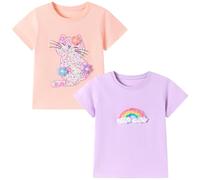 Codkkre T-Shirt Estiva Bambina 2 Pezzi, Maglietta a Maniche Corte per Bambine in Cotone Morbido, con Disegni di Unicorno, Coniglio e Cuori, Arcobaleno Viola/Gatto Arancione, 6 Anni
