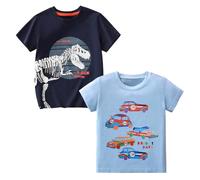 Codkkre T-Shirt Estiva Bambino Set di 2, Maglietta a Maniche Corte per Bambini in Cotone Morbido, con Disegni di Dinosauro, Escavatore e Automobile, Dino Blu Scuro/Auto Azzurra, 8 Anni