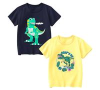 Codkkre T-Shirt Estiva Bambino Set di 2, Maglietta a Maniche Corte per Bambini in Cotone Morbido, con Disegni di Dinosauro, Escavatore e Automobile, Dino Blu Scuro/Dino Giallo, 4 Anni