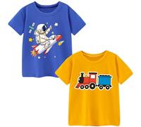 Codkkre T-Shirt Estiva Bambino Set di 2, Maglietta a Maniche Corte per Bambini in Cotone Morbido, con Disegni di Dinosauro, Escavatore e Automobile, Blu Astronauta/Giallo Treno, 7 Anni