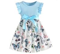 Codkkre Vestito Bowknot Bambina Vestitos Girocollo Bambina con Maniche a Balze Vestito da Bambina con Fiori A-Line Abiti Bambine e Ragazze Abito da Principessa da Festa Farfalla Blu 7 Anni