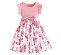 Codkkre Vestito Bowknot Bambina Vestitos Girocollo Bambina con Maniche a Balze Vestito da Bambina con Fiori A-Line Abiti Bambine e Ragazze Abito da Principessa da Festa Rosa Rosa 7 Anni