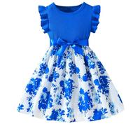 Codkkre Vestito Bowknot Bambina Vestitos Girocollo Bambina con Maniche a Balze Vestito da Bambina con Fiori A-Line Abiti Bambine e Ragazze Abito da Principessa da Festa Rosa Blu 4 Anni