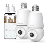 Codnida Telecamera Lampadina WiFi Esterno per E27 Portalampada, 2K PTZ Videocamera di Sorveglianza con Allarme Sonoro e Luminoso, Tracciamento del Movimento, visione notturna a colori, 2PCS