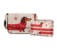 COEQINE 2 borse in pelle per le donne borsa a tracolla stampata tracolla con tracolla con tracolla con frizione abbinata custodia cosmetica, Cane Bassotto Rosso Natale Decor