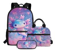 COEQINE 3 in 1 Ragazze Zaino con Lunch Box Set Grande Capacità Matita Box Viaggio Scuola Libro Borsa per Bambini 4 6 8 10 12, Cartone animato Blu Axolotl
