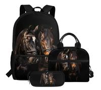 COEQINE 3 pezzi ragazze zaino con scatola pranzo con cinghia grande capacità viaggio scuola libro borsa per bambini 4 6 8 10 12, Cavallo Nero Animale Nero